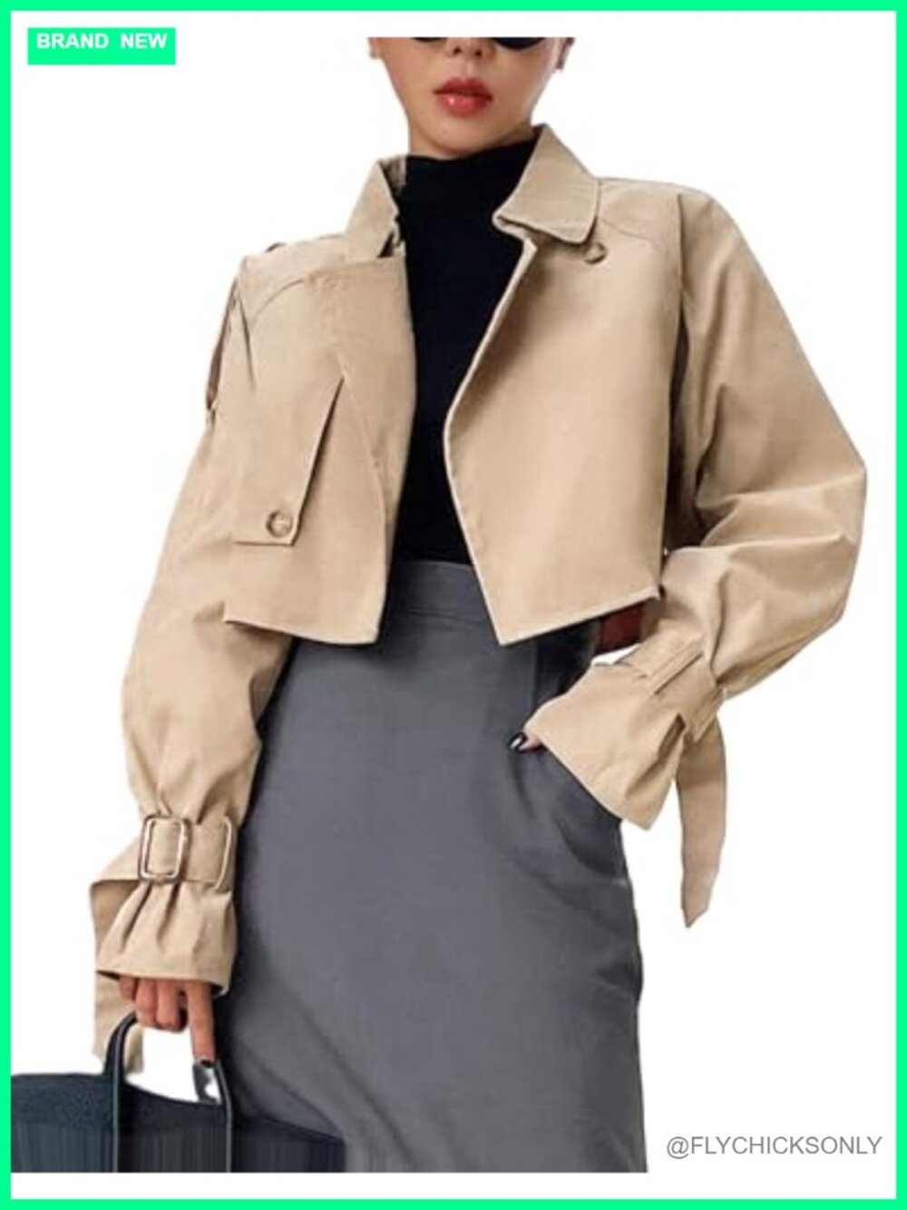 Women's Cropped Trench Coat Casual Double-Breasted Long Sleeve Jacket